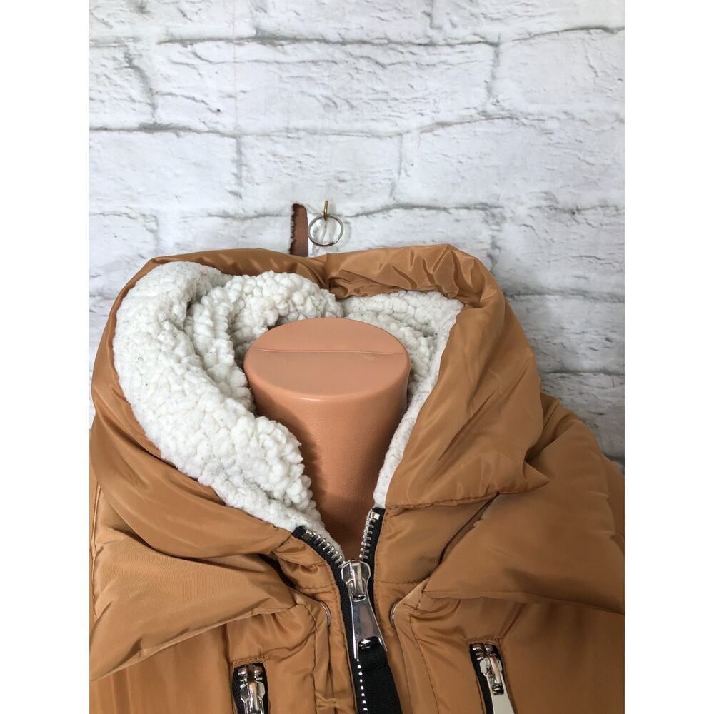 7 For All Mankind Puffer Sherpa-Lined Hooded Jacket Camel Brown Sz L Zip Pockets - Picture 4 of 5